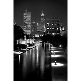 PHOTOSBYJON Indianapolis Skyline at Night Black & White BW City Downtown 12 inches x 18 inches Indy Canal Walk Photographic Panorama Poster Print Photo Picture Standard Size