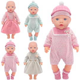Zita Element 4 Pack Baby Doll Clothes for 14-18 Inch Baby Dolls, Baby Doll Clothes Sweet Outfits for 35-43cm Baby Doll, with Onesies, Socks, Hats, Long-Sleeved Fake Two-Piece Dress (Not Include Doll)