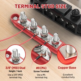 RED WOLF Bar Bus 4 x 3/8" Power Distribution Block, 3 x #8(M4) Screws Terminals Max 48V 250A Power Distribution Block Battery Buss Bar with Cover for Marine Automotive Solar Wiring