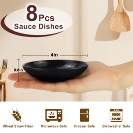 BUSOKIP 4 Inch Dipping Bowls 8 Pieces, Lightweight and Unbreakable Wheat Straw Plates, Small Soy Sauce Dishes, Small Serving Bowls for Side Dishes, Condiment, Appetizer (Black)