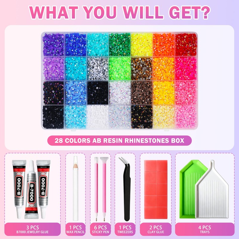 30000Pcs Bedazzling Kit with Rhinestones, 28 Colors 3mm Flatback Resin