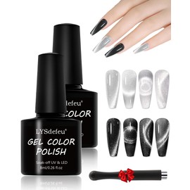 Cat Eye Nail Gel Polish Set, 2x8ml Crystal Holographic Soak Off Magnetic Gel Polish Set with Magnet, Glitter Reflective Shimmer Sliver Black French Gel Polish for Nail Art Manicure Salon DIY-01+12