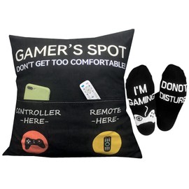 ZUYUROU Gamer Gifts, Pocket Design Throw Pillow Covers 18 x 18 Inch + Gamer Socks, Gaming Room Décor Stocking Stuffers Easter Basket Stuffers for Teen Boys Girls Men Father Boyfriends