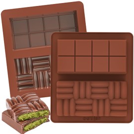 Kamehame Dubai Chocolate Bar Molds 2 Pack, 1 Inch Deep Silicone Chocolate Molds for Stuffed Bar, 2 Patterns Big Chocolate Thick Candy Bar Mold for Homemade Filling Knafeh Pistachio Chocolate Bar