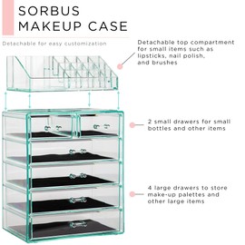 Sorbus Clear Cosmetic Makeup Organizer - Make Up & Jewelry Storage, Case & Display - Spacious Design - Great Holder for Dresser, Bathroom, Vanity & Countertop (4 Large, 2 Small Drawers) [Teal Thrill]