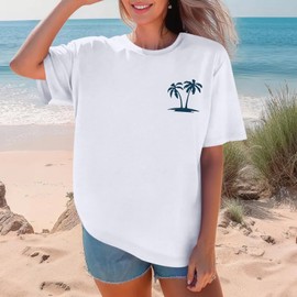 Migxsaf Forever Chasing Sunsets Tshirt Hawaiian Beach Shirts for Women Palm Tree Tropical Shirt Graphic Tees Summer Tops(White,L)