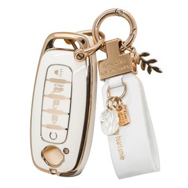 For Nissan Rogue Key Fob Cover 2026, 5 Button Key Shell for Maxima Pathfinder Kicks 2025, Golden Key Case with Leather Keychain 2024, Car Accessories Bling(RC5B White)