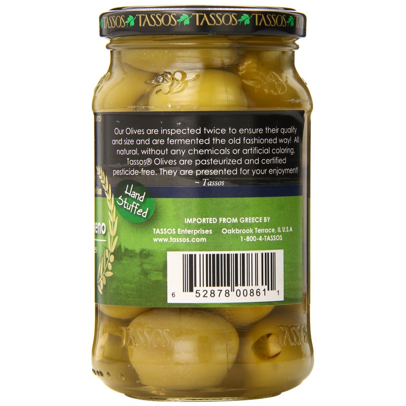 Tassos Stuffed Green Olives, Garlic Jalapeno, 13.1 Ounce