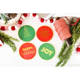 Pearhead Holiday Christmas Drink Coasters, Green and Red Festive Party Coasters, Holiday Home Decorations, Christmas Holiday Coasters, Set of 4