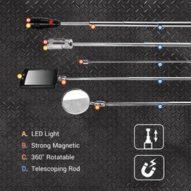 EWK 5 Pcs Telescoping Magnetic Pick Up Tool Kit with LED, Magnetic Sweepers with 1 to 8 lbs Pickup Rod, Extendable 360° Swivel Adjustable Inspection Mirror and Flexible LED Flashlight
