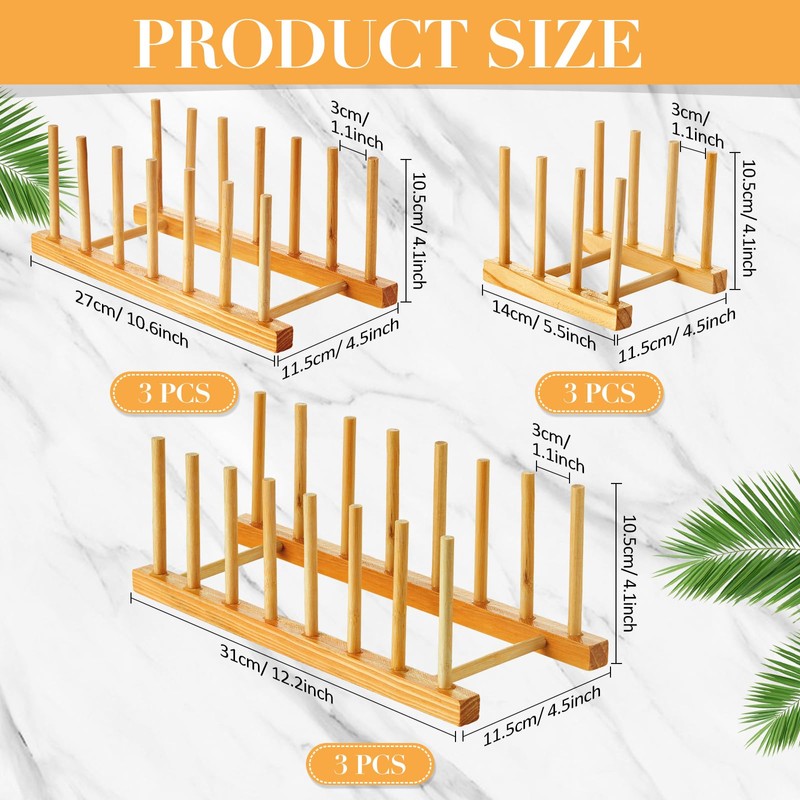 Zopeal 9 Pcs Bamboo Wooden Plate Racks Dish Rack Stand