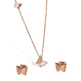 Cupimatch Butterfly Bracelet Ring Earrings Necklace Set, 18k Rose Gold Plated love Jewelry Gift Set for Women (Necklace earring set)