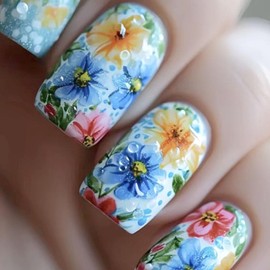 Press on Nails Medium Fake Nails Square Flower Acrylic False Nails Glossy Blue Glue on Nails Square Medium Nails Press ons Green Leaf Designs Summer Artificial Stick on Nails for Women Girls 24Pcs