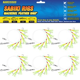 Narcissus Sabiki Rigs for Sea Fishing, 12Pack Pre-Tied Mackerel Feather Rigs with 60 Hooks, Luminous Beads & Bionic Insects, Perfect for Mackerel,Pollock,Cod,Herring,Bass (Sabiki-HookSize#12#14#16)