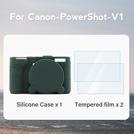 TYUANDOUER Silicone Case for Canon PowerShot V1 with 2PCS Screen Protector, Camera Case Protective Rubber for Canon V1 Vlog Camera with Lens Cap, Anti-Scratch Slim Body Cover Accessories - Green