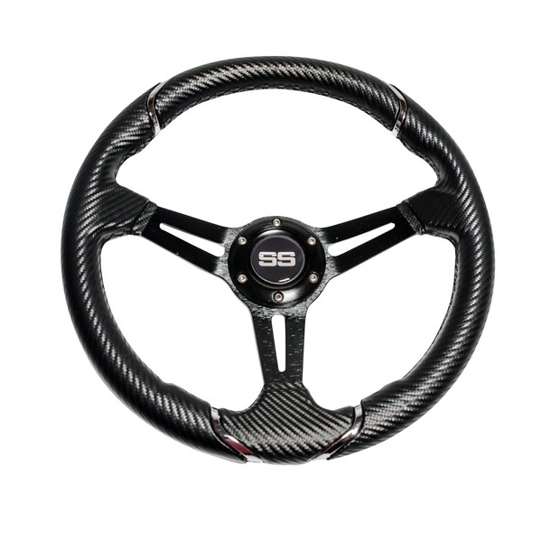 Huskey Rally Style Carbon Fiber Steering Wheel With 13 Inch Diameter & UV Coated PVC Material Includes a 5/6 Hole Pattern Carbon Steel Hub Adapter (EZGO-CLUB CAR-YAMAHA-WITHOUT ADAPTER)
