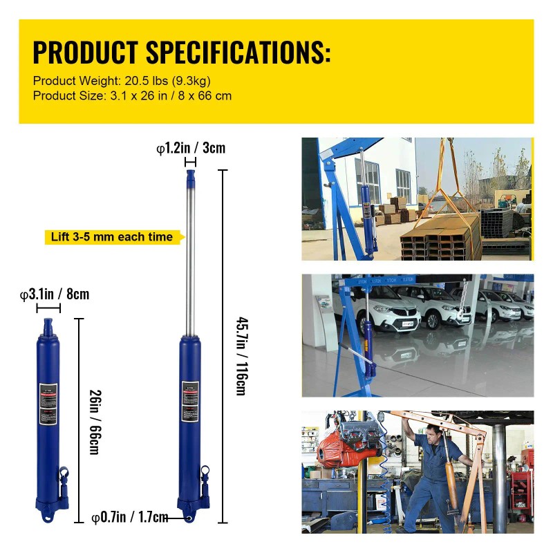 Hydraulic Long Ram Jack, 8 Tons/17363 lbs Capacity, with Single