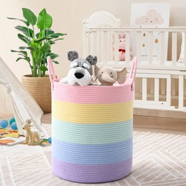 Degeyoyo Rainbow Storage Basket for Organizing, 15"×18" Large Tall Laundry Baskets, Cotton Rope Woven Blanket Basket, Toy Storage for Kids, Collapsible Laundry Hamper for Living Room, Nursery Room