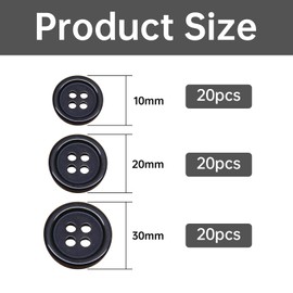 couduan 60pcs Black Resin 10mm, 20mm, 30mm Round Sewing Buttons for Cardigans, Coats, Jackets, Shirts & DIY Decoration