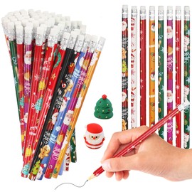 RUIYELE Christmas Stationery Set - 60 Pieces Christmas Pencils with Eraser Santa Claus Christmas Tree Reindeer Pattern Pencils, 2 Pieces Cartoon Christmas Pencil Sharpener for Students