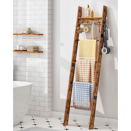 CHOEZON 5-Tier Blanket Ladder, Wooden Blanket Display Rack, Towel Ladder with Hooks, Wall Leaning Display Shelf, for Living Room, Bedroom, Balcony, Rustic Brown and Black MCJ02FG