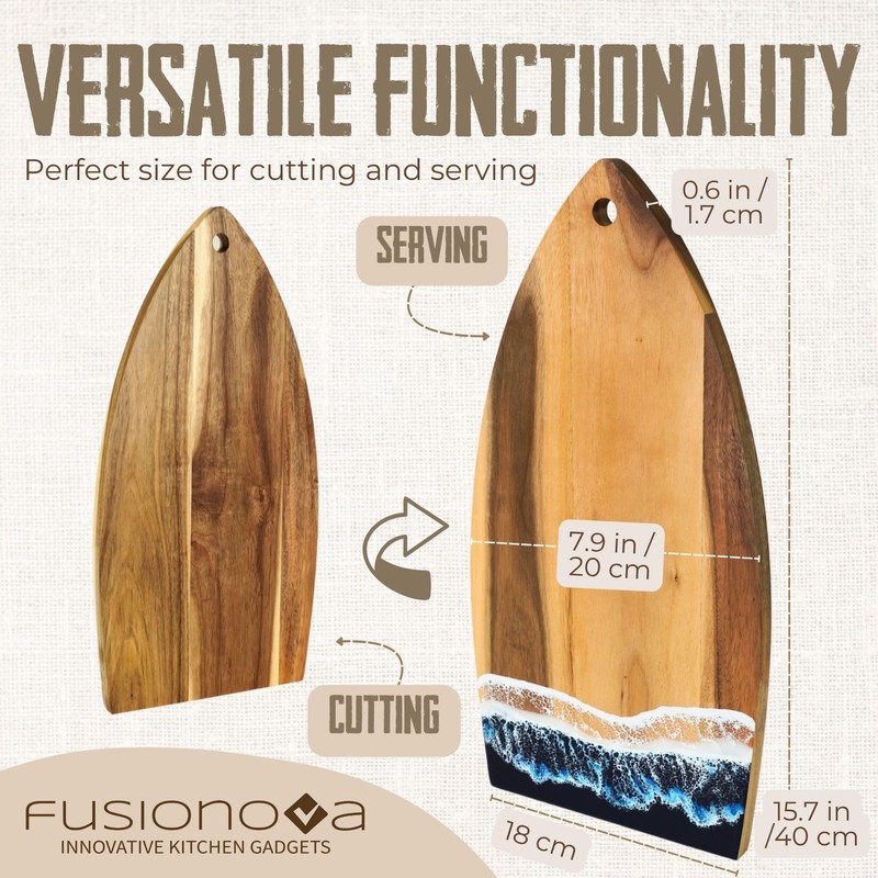 FUSIONOVA Acacia Cutting Board with Epoxy - Surfboard Shaped Wood