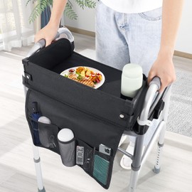Tray for Walkers for Seniors with Cup Holder - Folding Walker Accessories Upgraded【w/Pockets, Cup Holder & Non Slip Mat for Food】Fits Most Standard Folding Walkers - Removable - 2025 Design