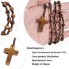 Nupuyai Tiger's Eye Crystal Stone Bead Cross Pendant Necklace for Men Women, Catholic Rosary Hand Knotted Necklace 62cm