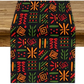 Traditional African Table Runner, African Black History Month Juneteenth Red Yellow Green Square Lines Symbols Kitchen Dining Table Decor for Home Holiday Party, 13x36inch