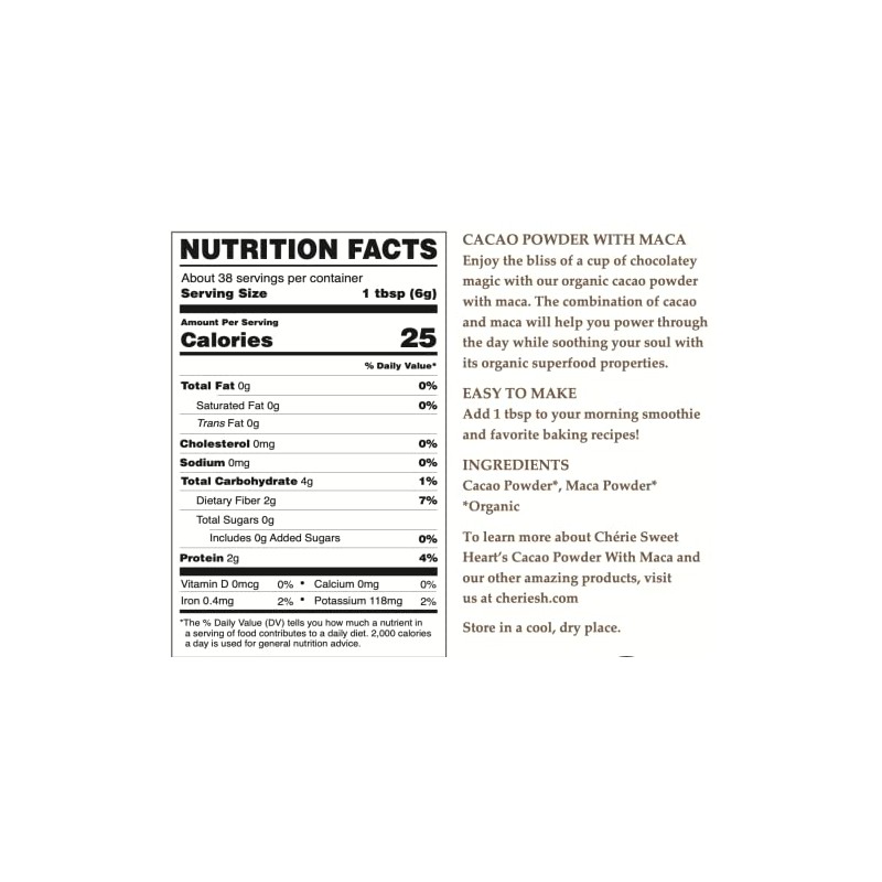 Cherie Sweet Heart Organic Cacao Powder with Maca Pouch, Non-GMO