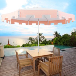 JONATHAN Y UMB1000C Baiona 9 ft. Classic MidCentury Market Patio Umbrella with UV Protection, Auto-Tilt, Crank and Wind Vent in White/Coral Pink