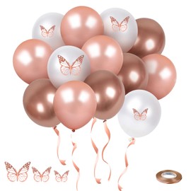 Rose Gold Latex Balloons with Rose Gold 3D Butterfly, 62pcs 12 Inch Pearl White Metallic Rose Gold Party Balloons with Ribbon for Girl Birthday Baby Shower Decorations (Rose Gold series)