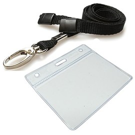 Customcard ltd® Clear ID Badge Pocket and Lanyard Neck Strap with Lobster Metal Clip - Black