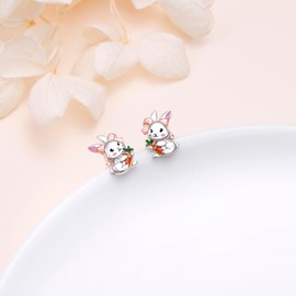 HOOHWE Rabbit Jewellery Set 925 Sterling Silver Carrot Rabbit Stud Earrings and Necklace Cute Animal Easter Bunny Jewellery Gift for Women, Sterling Silver, No Gemstone