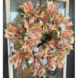 Easter Carrot, Polka Dot & Plaid Deco Mesh Front Door Wreath, Spring Decor, Rabbit Decoration, Modern Farmhouse