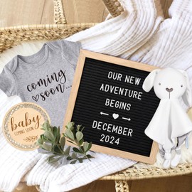 Baby Coming Soon Announcement Ideas, Surprise Pregnancy Reveal To Family Grandparents Grandma Dad- Baby Shower Gender Reveal Gifts- Felt Letter Board, Wooden Sign, Baby Onesie, Security Blanket
