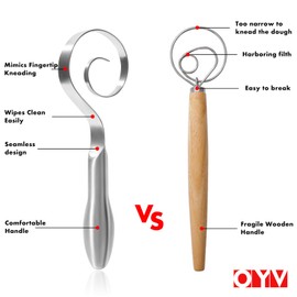 OYV Seamless Dough Whisk, 18/10 Stainless Steel Danish Dough Wisk, 9" Bread Whisk for Sourdough, Cookies, Pizza, Pastry, Dishwasher Safe Dough Hook