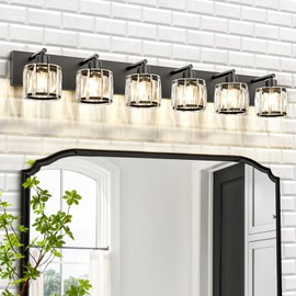 VOLISUN Crystal Vanity Lights for Bathroom, 6 Light Bathroom Vanity Light, Modern Matte Black Bathroom Light Over Mirror, Black Bathroom Light Fixtures-UL Certificated(Exclude Bulb)