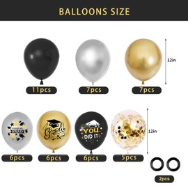 Graduation Balloons, 12 Inches Congrat Grad Decorations, Black Glod Silver Balloons Confetti Black Gold Balloons for Graduation Party Class OF 2025 Supply