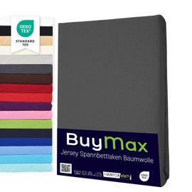 Buymax® Fitted Sheet, 120 x 200 cm, 100% Jersey Cotton, Mattress Height Up to 25 cm, Anthracite