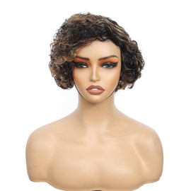 Pixie Cut Wig Human Hair Black and Brown Highlight Wig Human Hair curly short curly wigs for black women P1B/30 afro kinky curly wigs glueless wear and go Curly Bob Wigs With Bangs (F1b30, 8 Inch)
