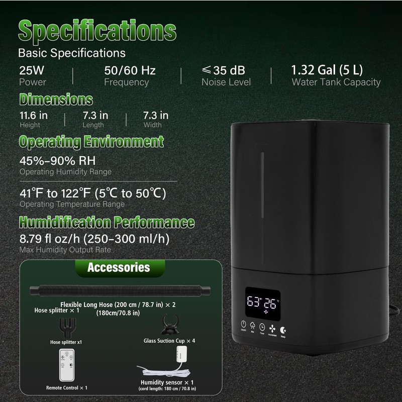 Automatic Reptile Fogger Humidifier with Smart Humidity Control, 5L Large