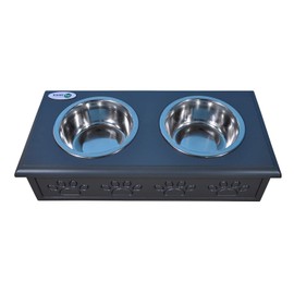 Iconic Pet Sassy Paws Wooden Pet Double Diner with Stainless Steel Food & Water Bowls for Dogs & Cats - Charcoal Gray -Small
