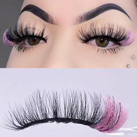 Black and Pink False Eyelashes with Color Glitter, 1 Pair Eye Lashes for Women, Highlight on the end Fake Lashes, Black Pink Color Lash Strip