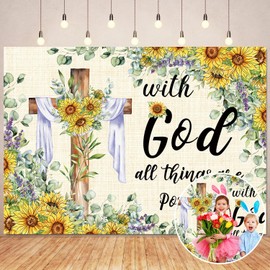 Spring Easter Backdrop Sunflower Jesus Cross Background with God All Things are Possible Banner Easter Christian Decorations for Home Office Photo Prop Booth (7X5FT)