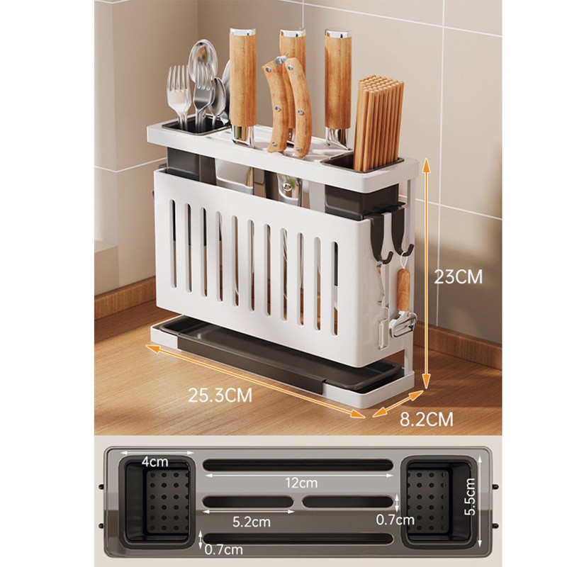 Kitchen Knives Chopstick Rack with Draining Tray Wall Mounted Multifunctional