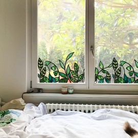 funlife Original Hand-Drawn Stained Glass Window Film, Double-Sided Static Cling Window Cling, Non-Adhesive Reusable Glass Windows Border Decor for Window Glass Door, Medium Transparent Green Leave