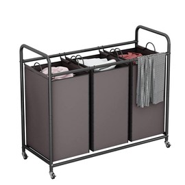 INGIORDAR 3-Bag Laundry Cart with Lockable Wheels & Removable Bags, Durable Metal, Efficient Sorting & Storage Organiser Basket for Laundry Room - Color: Brown