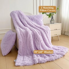 XeGe 3 Pieces Soft Fluffy Throw Blanket Set, Light Purple Shaggy Faux Fur Blanket, Lilac Fuzzy Plush Blanket 50x60 with 18x18 Furry Throw Pillow Covers for Bed Sofa Couch Home Decoration, Lavender