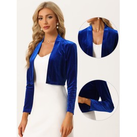 Allegra K Velvet Shrug for Women Long Sleeve Open Front Cardigan Cropped Bolero Jacket Royal Blue M